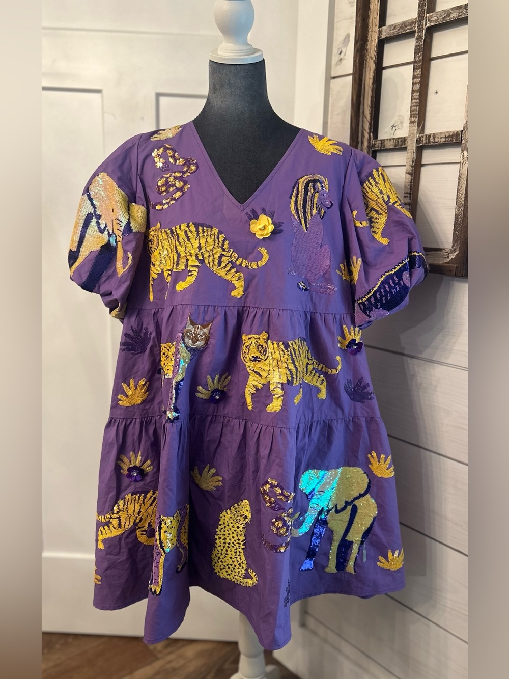 QUEEN OF SPARKLES Purple Tiered Animal Appliqué Dress